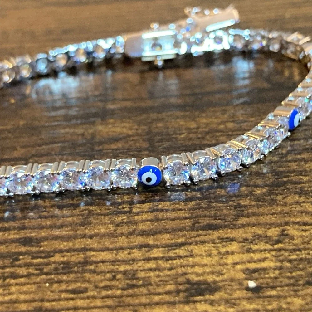 Silver Tone CZ Tennis Bracelet Blue Evil Eye Charm 8in 6mm Crystal